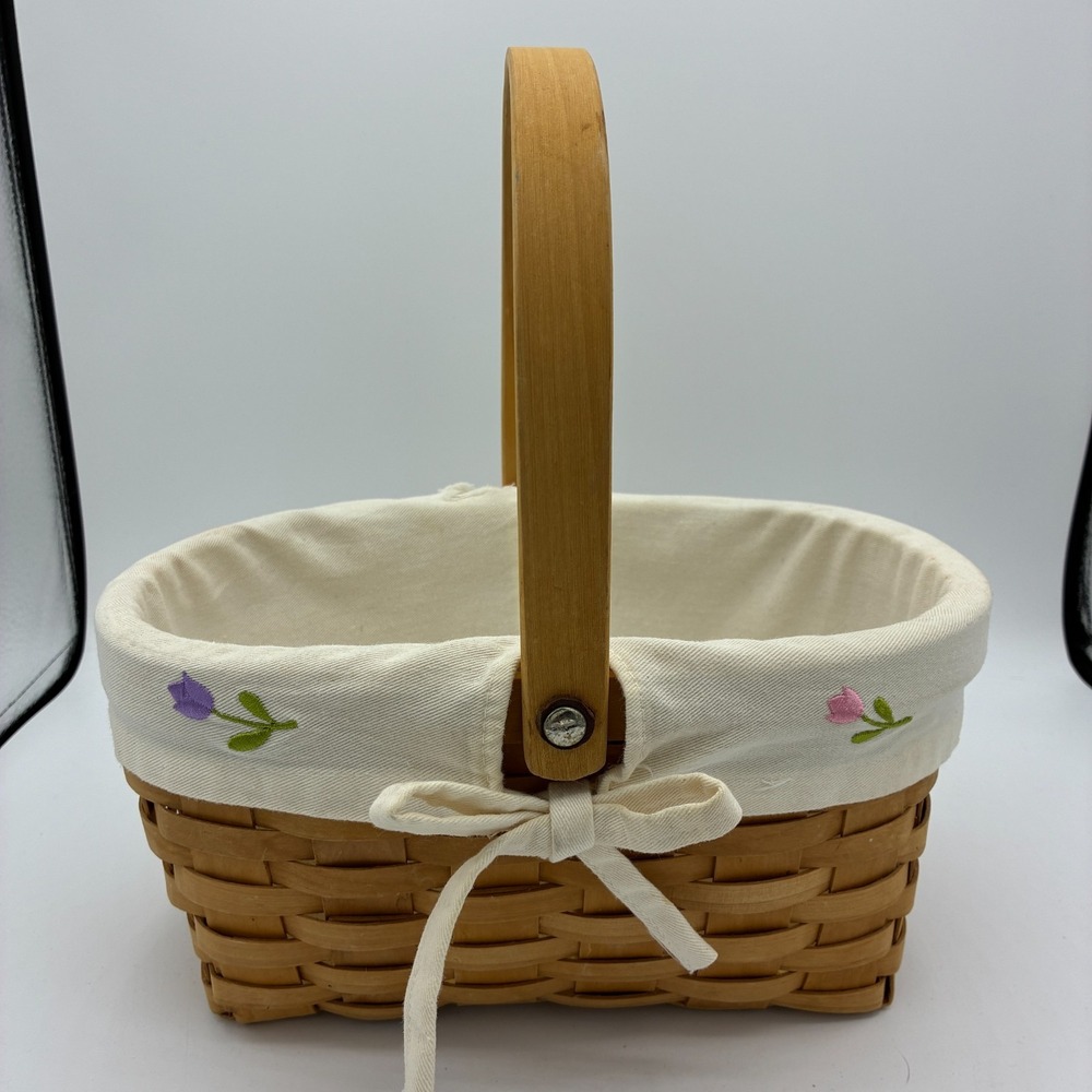 Vintage Splint Basket Wood Swing Handle Fabric Tulip Liner Oval